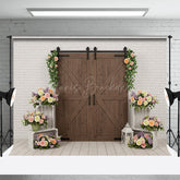 Lofaris White Brick Wall Floral Wood Door Wedding Backdrop